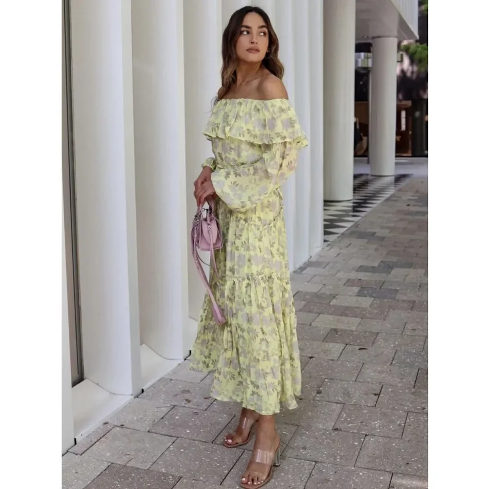 ASTR The Label x Revolve Kaylani Ruffle Dress in Gray Yellow Floral Size Medium